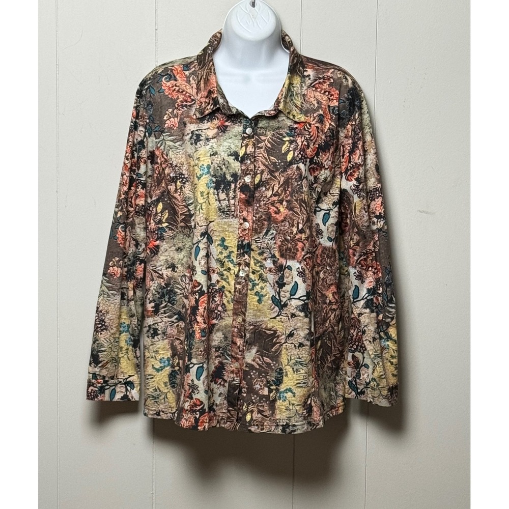NorthStyle Women Floral Tapestry Button Down Shirt Long Sleeve Multi Color Sz 1X